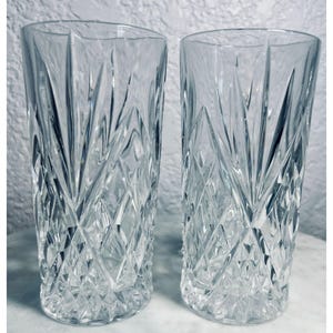 Vtg Crystal Highball Glass Set Of 2 Diamond-Cut Design Elegant Barware Timeless