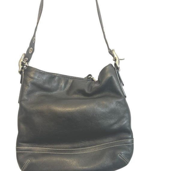 Coach Y2K Hobo Shoulder Bag Tote Purse Black Leather White Stitch