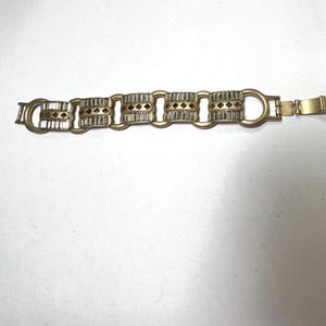 Vtg Art Deco Revival Antiqued Gold-Tone Rhinestone Link Bracelet 6.75&quot; 61G