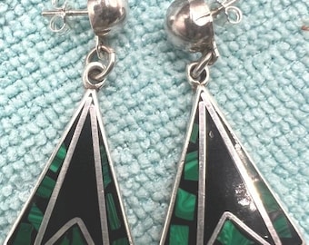 Vintage Taxco Mexico Sterling Silver Post Earrings Malachite Onyx Geometric 11g