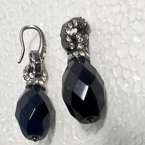 Vtg 925 Silver & Faceted Black Glass Earrings with Rhinestones on French Hook