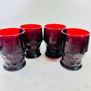 Set Of 4 Vtg Anchor Hocking Georgean Ruby Red Glasses 8oz With Honeycomb Base