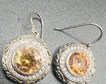 Sterling Silver Dangling Earrings Yellow Center Crystal Halo Hooks 1.25" 10g