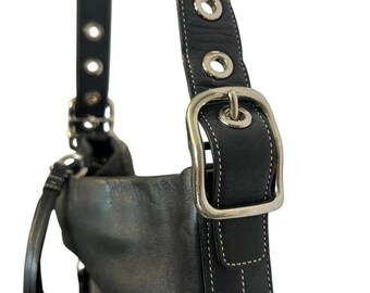 Coach Y2K Hobo Shoulder Bag Tote Purse Black Leather White Stitch
