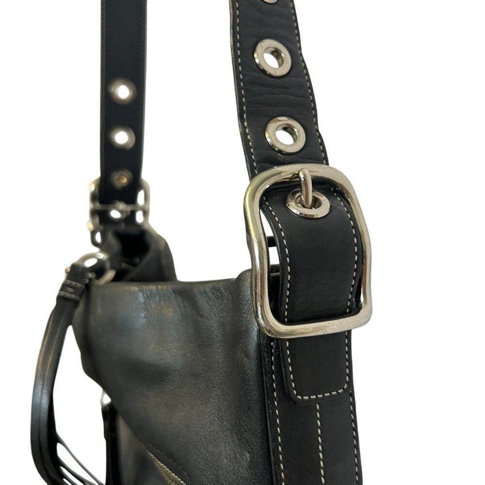 Coach Y2K Hobo Shoulder Bag Tote Purse Black Leather White Stitch