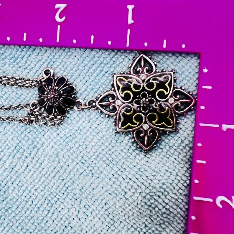 Brighton Necklace 2 Strand Black Enamel Silver Tone Hearts Art Nouveau Revival immagine 6
