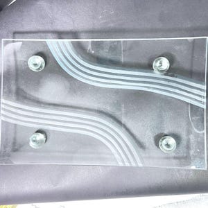 Vintage Concave Art Glass Serving Decor Tray Cut Etched Wavy Lines Ball Feet