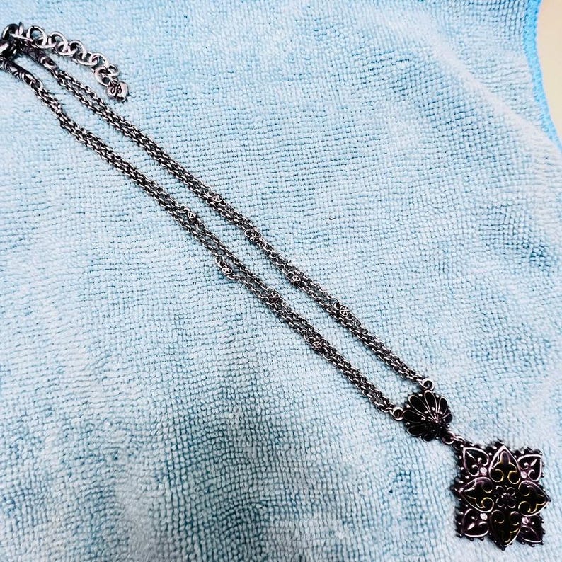 Brighton Necklace 2 Strand Black Enamel Silver Tone Hearts Art Nouveau Revival immagine 3