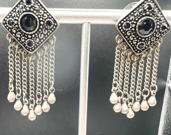 Chain Tassel Diamond Shaped Post Earrings Black Rhinestones Silver Tone 1.5"