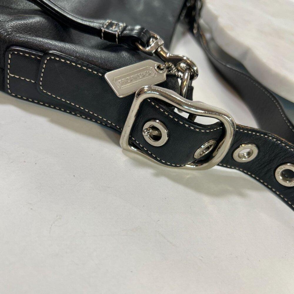 Coach Y2K Hobo Shoulder Bag Tote Purse Black Leather White Stitch
