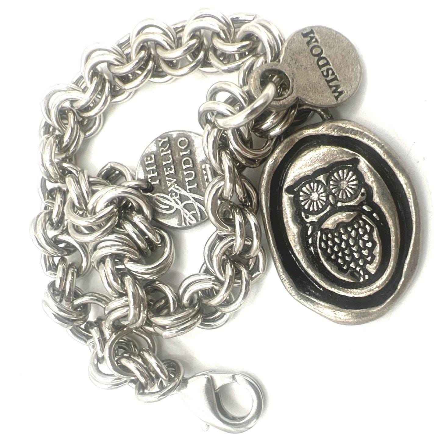 Owl Wisdom Charm Bracelet Pendant Double Link Silver tone Chain Lobster Clasp