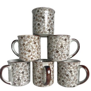 Set Of 6 Chintz Calico Ceramic Coffee Mugs Brown & White Earthtone Floral Speckled