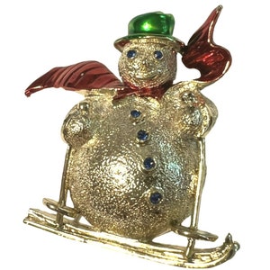 Vtg Snowman Skier Brooch Pin Rhinestone eyes buttons signed gift Holiday Christmas