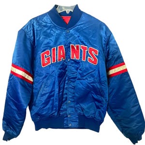 Vtg NY Giants Starter Jacket Satin NFL Varsity Men&#39;s Large Bomber Spellout Blue