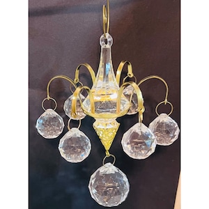 Vtg Crystal Gold Mini Chandelier Ornament Hanging Prisms window Christmas Doll