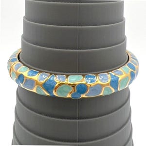 Joan Rivers Cloisonne Hinged Bangle Bracelet Blues Enamel Mosaic Leopard 7.5