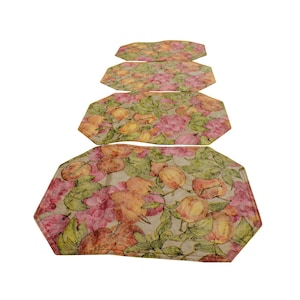 Lot Of 4 Reversible Placemats Pink Floral & Peach Fruit Design Water Resistant