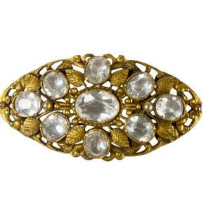 Antique Collectors 4&quot; Oval Filigree Brooch Sash Pin Clear Faceted Glass Filigree