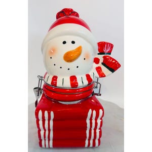 Snowman Cookie Jar Hat & Scarf Ceramic Airtight Seal Holiday Christmas Canister