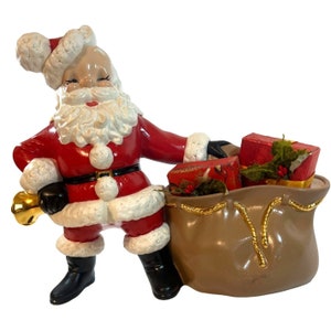 Vtg &#39;70 Santa Claus Jolly St Nick Ceramic Figurine Gift bag bell homemade signed