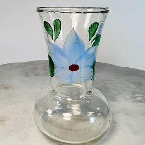 Vintage Hand-Painted Clear Glass Bud Vase Blue & Green Floral Design Gold trim