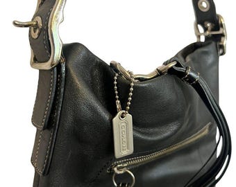 Coach Y2K Hobo Shoulder Bag Tote Purse Black Leather White Stitch