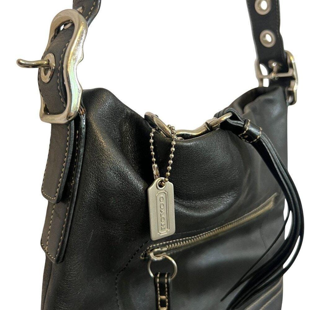 Coach Y2K Hobo Shoulder Bag Tote Purse Black Leather White Stitch