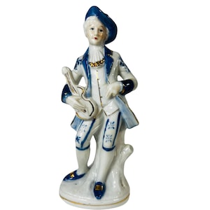 Vtg Korean Porcelain Figurine Of Musician Guitar Blue White Hand-Painted Decor