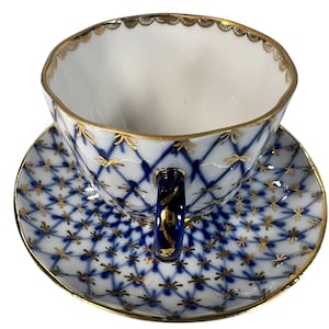 Vtg Lomonosov USSR Imperial Porcelain Teacup Coffee Saucer Cobalt Net Demitasse