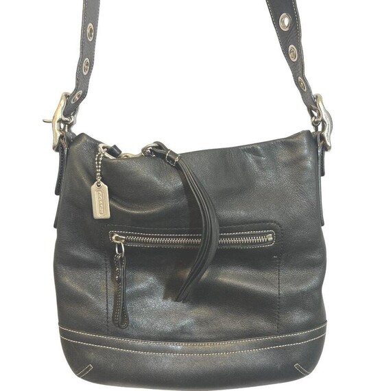 バッグ Coach Hobo Shoulder Bag Black Y2K 10030 Coach Y2K Hobo Shoulder Bag Tote Purse Black Leather White Stitch