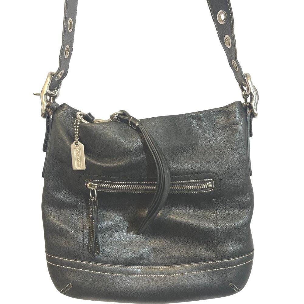 Coach Y2K Hobo Shoulder Bag Tote Purse Black Leather White Stitch