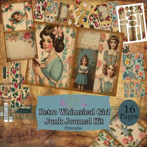 Whimsical Girls Junk Journal, Retro girls junk journal kit, whimsical ephemera digital paper, Junk journal digital scrapbook, collage paper