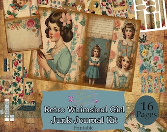 Whimsical Girls Junk Journal, Retro girls junk journal kit, whimsical ephemera digital paper, Junk journal digital scrapbook, collage paper