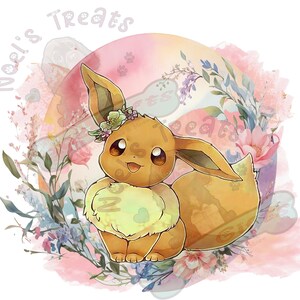 May include: A watercolour illustration of a brown Eevee Pokemon with a flower crown, surrounded by pink, blue and green watercolour flowers. The background is a pink and orange watercolour circle with the text "Noels Treats" in a pink font.