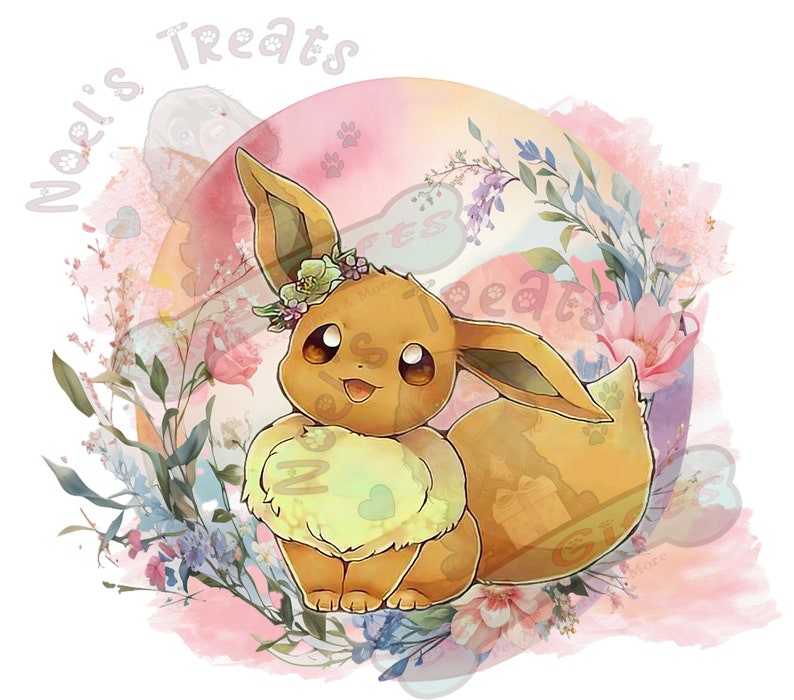 May include: A watercolour illustration of a brown Eevee Pokemon with a flower crown, surrounded by pink, blue and green watercolour flowers. The background is a pink and orange watercolour circle with the text "Noels Treats" in a pink font.
