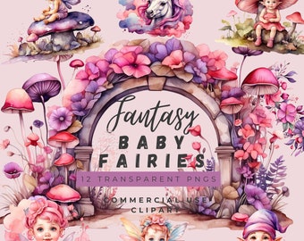 Watercolor pink fairy clipart, fairy png, fairy garden, baby fairy, fantasy clipart, magical nursey png, unicorn clipart, mushroom clipart