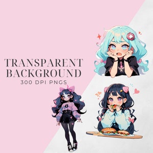 Puede incluir: Tres ilustraciones digitales de chicas de estilo anime con detalles en rosa. La primera chica tiene el pelo azul y lleva un vestido negro. La segunda chica tiene el pelo negro y lleva un jersey rosa y blanco. La tercera chica tiene el pelo negro y lleva un jersey rosa y blanco y est&aacute; comiendo una hamburguesa.