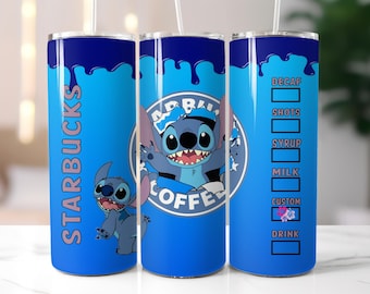 Coffee Stitch tumbler and mug wrap, sublimation design, coffee shop parody stitch, Stitch png, transfer digital design, 20 oz skinny wrap