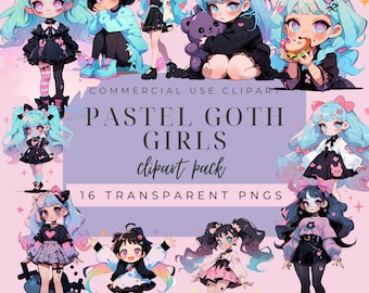 Pastel goth girls clipart, spooky cute png, pastel clipart bundle pack, commercial use clipart, chibi goth girls png, digital download png