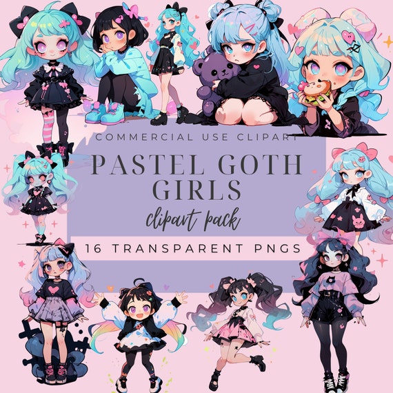 Pastel goth girls clipart, spooky cute png, pastel clipart bundle pack, commercial use clipart, chibi goth girls png, digital download png