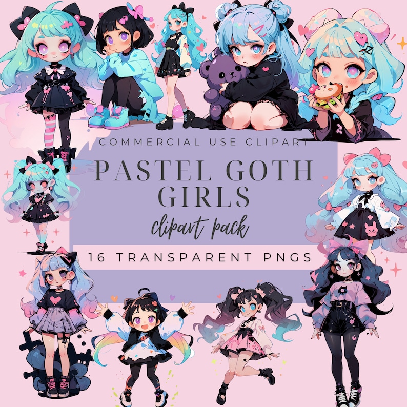 Puede incluir: Un paquete de clipart digital de 16 chicas g&oacute;ticas pastel con diferentes peinados, atuendos y accesorios. Las chicas est&aacute;n todas en un estilo lindo y de dibujos animados y tienen ojos grandes y colores brillantes. El texto "Pastel Goth Girls clipart pack 16 Transparent PNGs" est&aacute; en la parte inferior de la imagen.