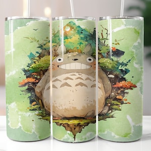 Watercolor anime inspired Totoro tumbler and mug wrap, cute green anime watercolor 20oz tumbler png, digital download, mug wrap png