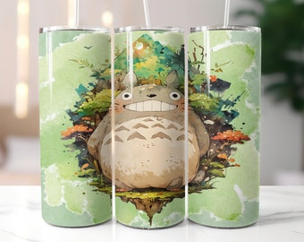 Süßer grüner Anime inspirierter Totoro Becher und Becher, süßer grüner Anime Aquarell 20 Unzen Becher png, digitaler Download, Becherverpackung png