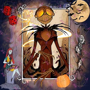 May include: A digital illustration of Jack Skellington, the Pumpkin King from The Nightmare Before Christmas, in a brown suit with a white collar. He is standing in a frame with a glowing halo around him. There are dice, a pumpkin, and other characters from the movie in the background.