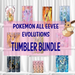 Könnte beinhalten: Ein Set mit 10 bunten Bechern, die verschiedene Pokemon-Eevee-Entwicklungen zeigen. Die Becher sind in zwei Reihen mit jeweils fünf Bechern angeordnet. Der Text "POKEMON ALL EEVEE EVOLUTIONS TUMBLER BUNDLE" ist in einem Banner in der Mitte des Bildes dargestellt.