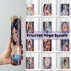 Emballage de gobelet princesse png, lot d'emballage de gobelet skinny 20 oz, lot de png pour sublimation de gobelet ou de tasse, lot de princesse png, princesse de dessin animé