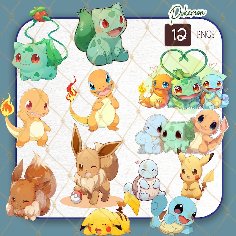 May include: A collection of 12 PNG images featuring various Pok&eacute;mon characters. The images showcase characters like Bulbasaur, Charmander, Eevee, Pikachu, and Squirtle in a cartoon style. The images are in various poses and colors, with a blue background.