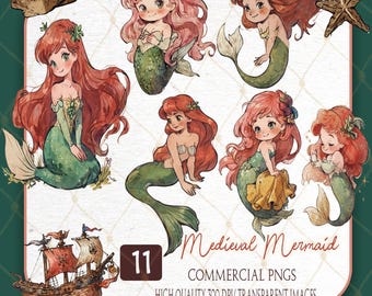 Cute chibi mermaid png file bundle, medieval mermaid style png, Ariel clipart bundle, little Ariel clipart pack, digital download