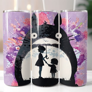 Totoro anime inspired tumbler wrap, watercolor silhouette png, tumbler sublimation wrap, transfer digital design, anime png, anime movie png