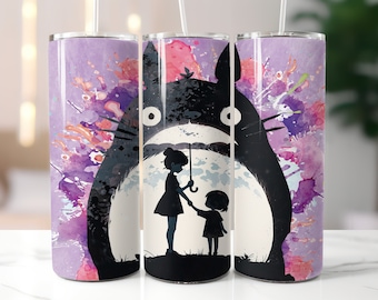 Totoro anime inspired tumbler wrap, watercolor silhouette png, tumbler sublimation wrap, transfer digital design, anime png, anime movie png